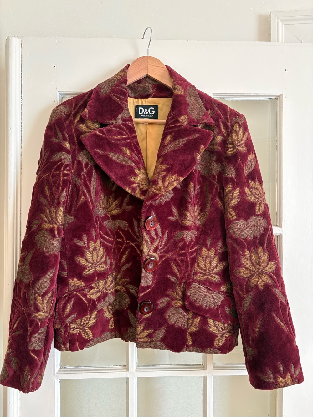 Vintage D&G Dolce & Gabbana Burgundy Velvet Floral Burnout Blazer Jacket
